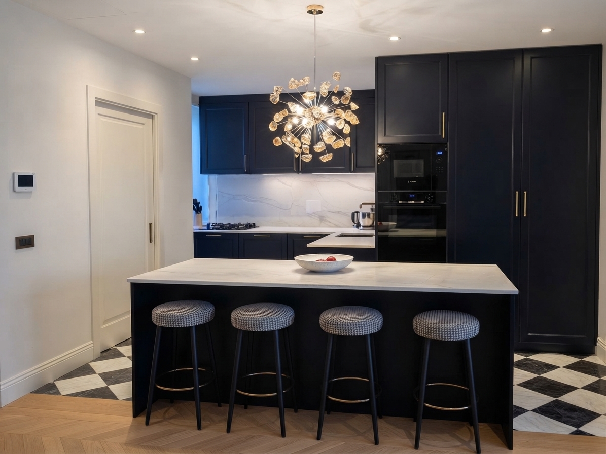 Cocina de alta gama en frente azul con isla de mármol, vivienda del Distrito Centro de Sevilla