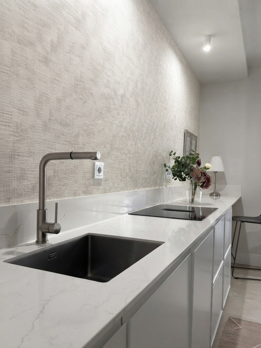 Detalle de encimera de Silestone con fregadero bajo encimera y grifería de acero