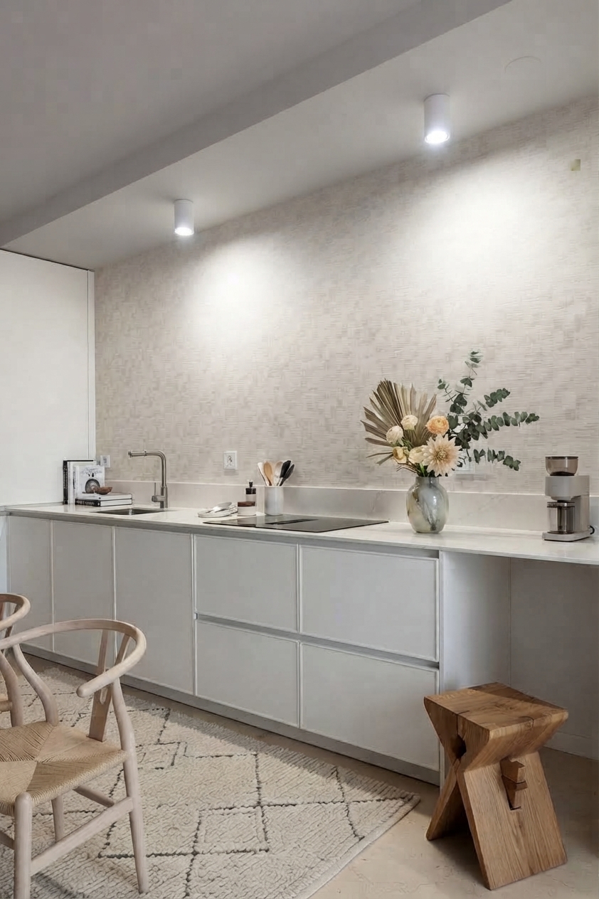 Frente de cocina en tono claro con líneas depuradas y zona de office