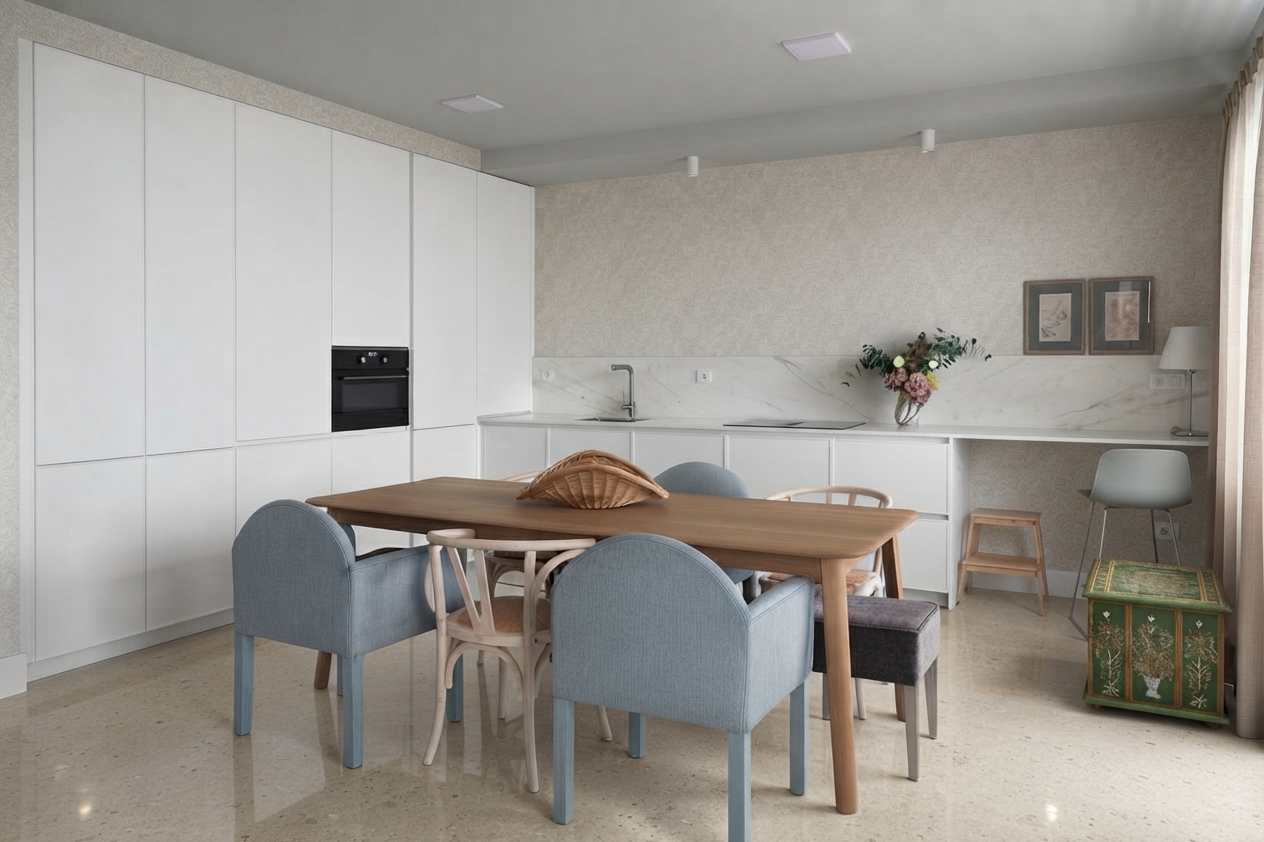 Cocina de alta gama en blanco abierta al comedor, Distrito Macarena, Sevilla