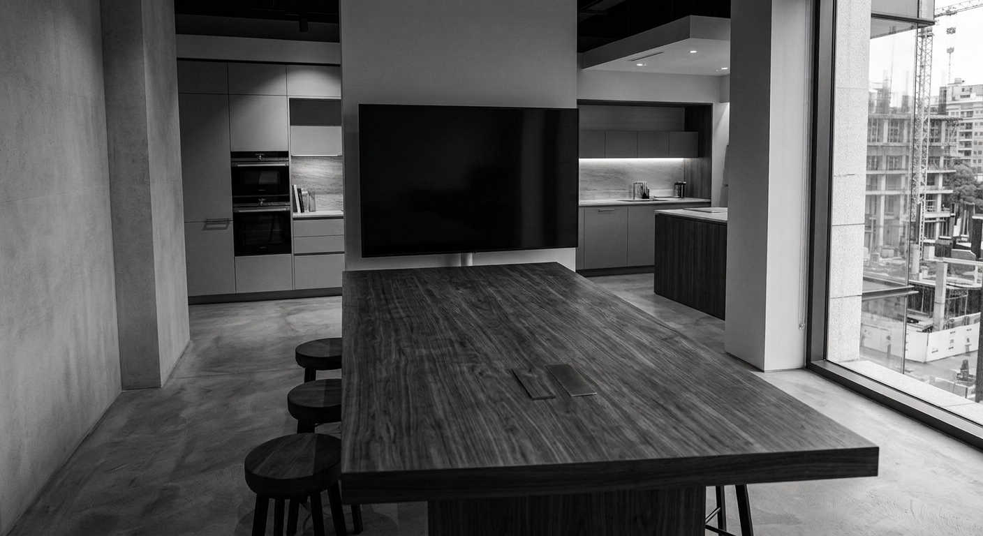 Interior del estudio de MONDE en Sevilla, con mesa de nogal, cocinas de exposición y grandes ventanales