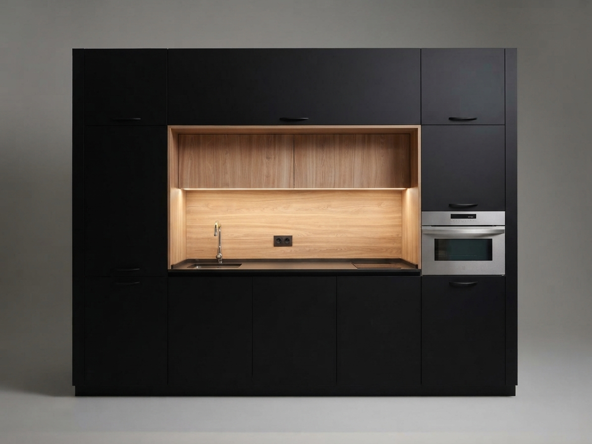 Módulo de cocina compacto en frente negro mate con nicho de madera iluminado, proyecto de la calle Feria