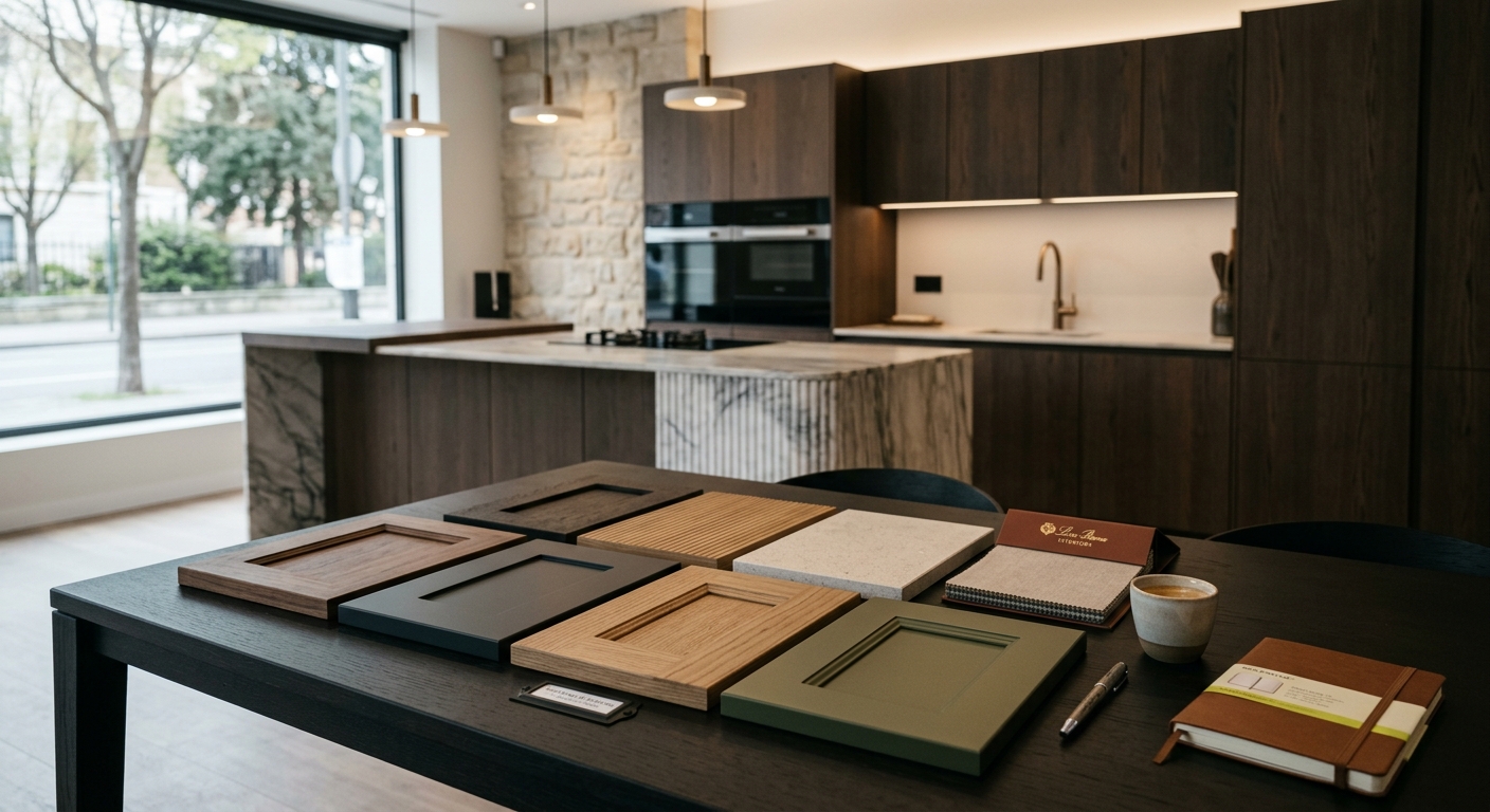 Muestras de frentes, colores y encimeras dispuestas sobre la mesa del estudio