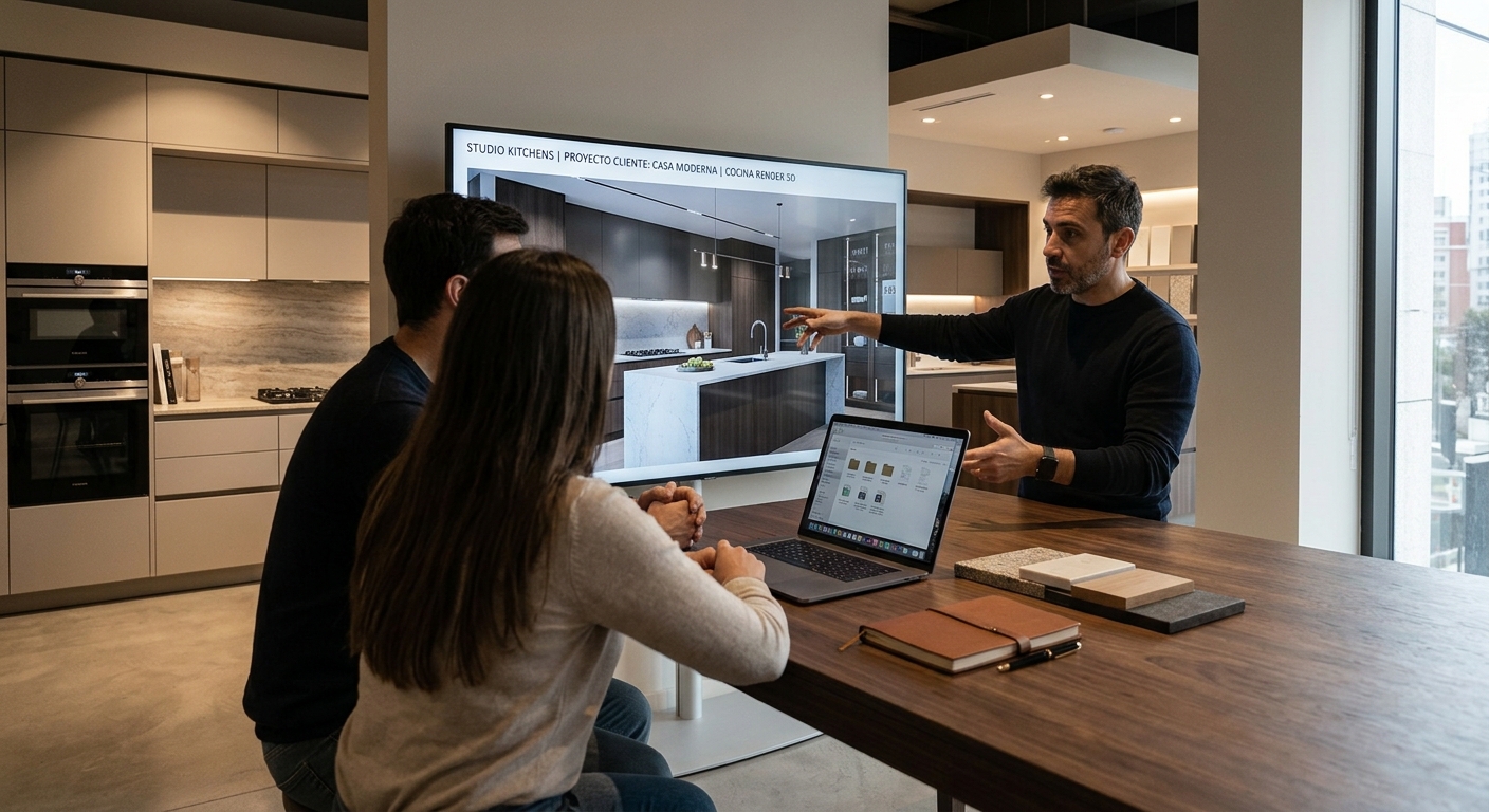 Javier Coca presenta el render de una cocina a un cliente particular en el estudio
