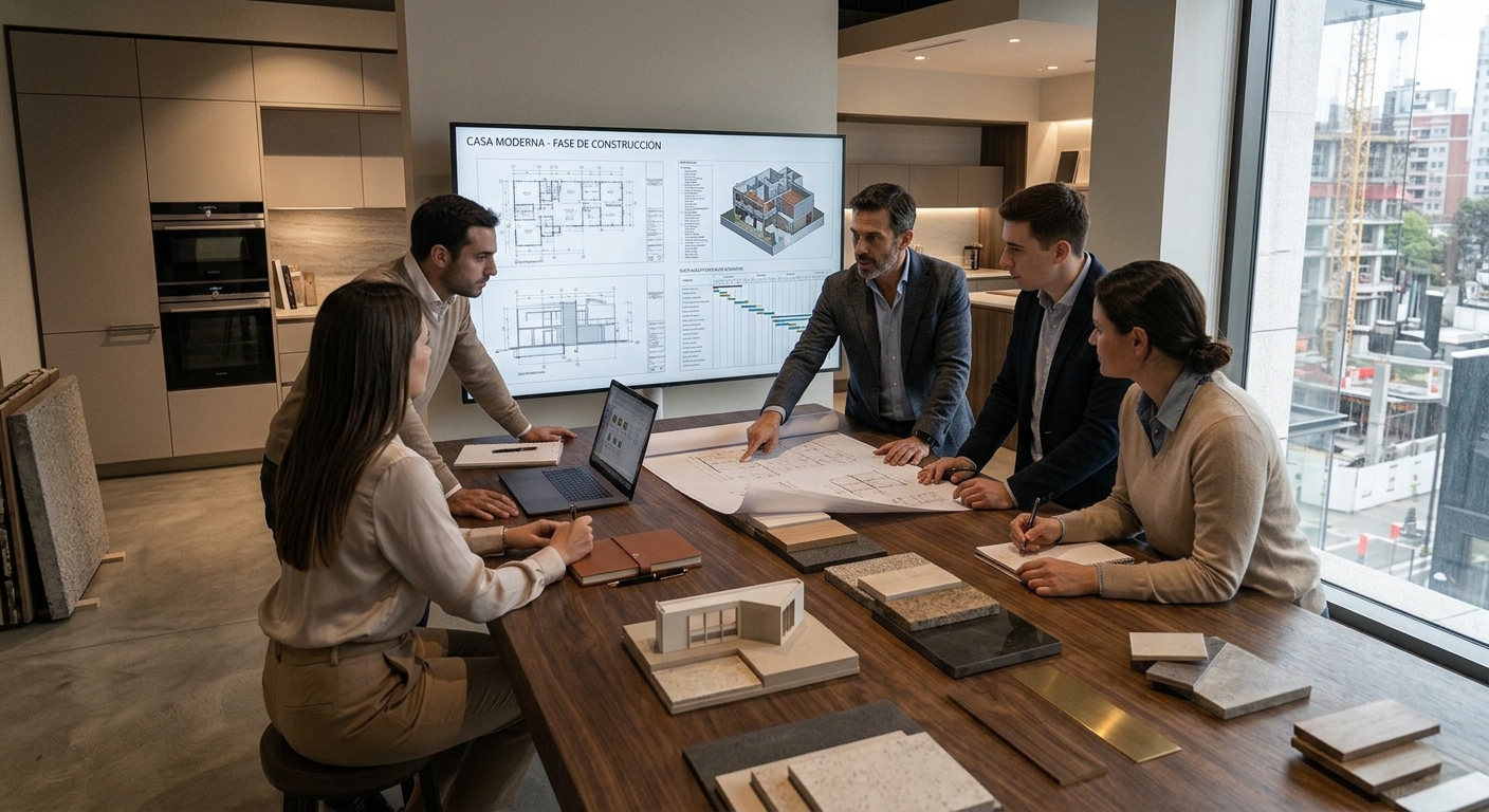 Reunión de coordinación de proyecto con planos de obra en el estudio de MONDE