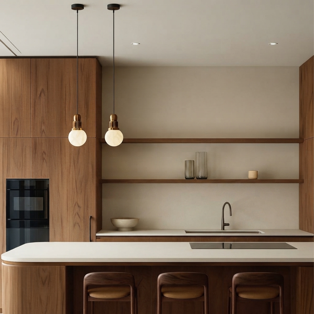 Cocina de nogal con isla e iluminación cálida, proyecto de MONDE By Javier Coca