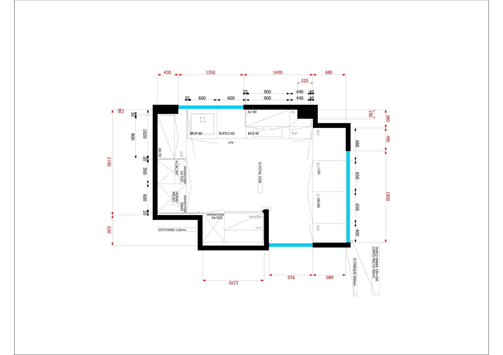 Plano técnico acotado de distribución de la cocina