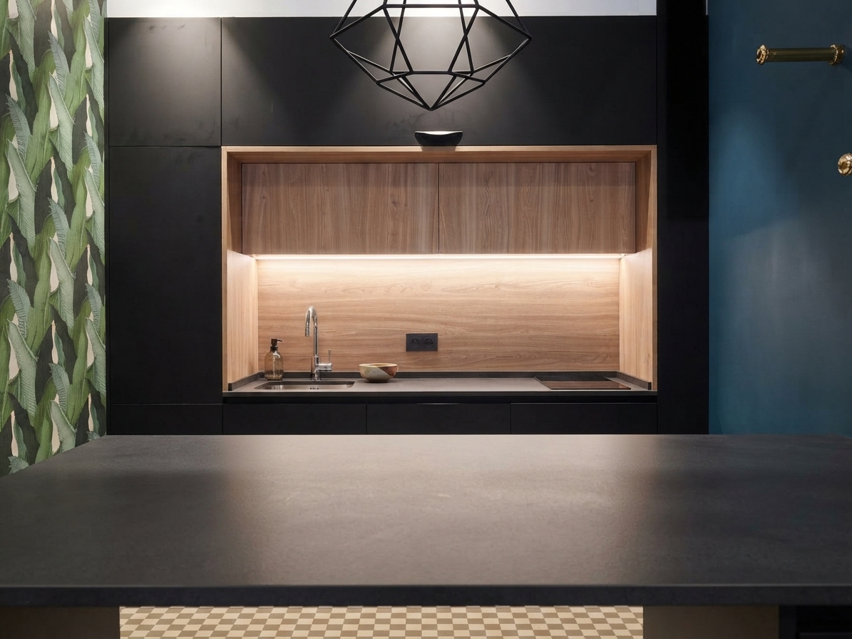 Cocina en frente negro con nicho de madera iluminado, promoción de la calle Feria, Sevilla