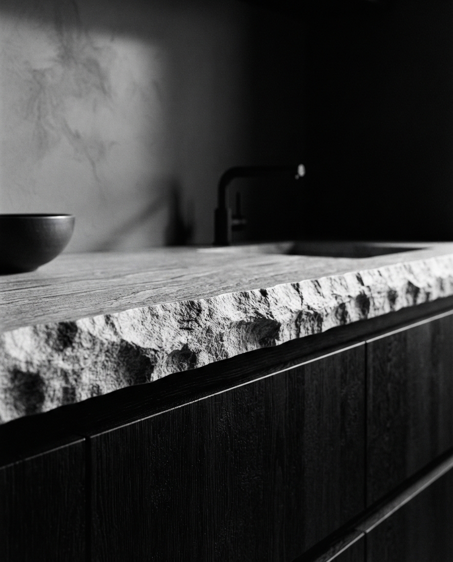 Detalle de encimera de piedra y frente de madera oscura en una cocina de MONDE