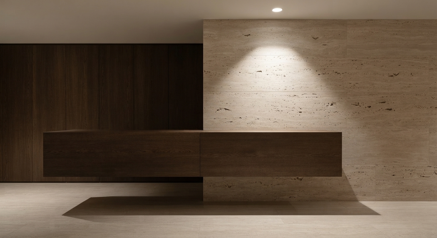 Consola de nogal sobre pared de travertino iluminada